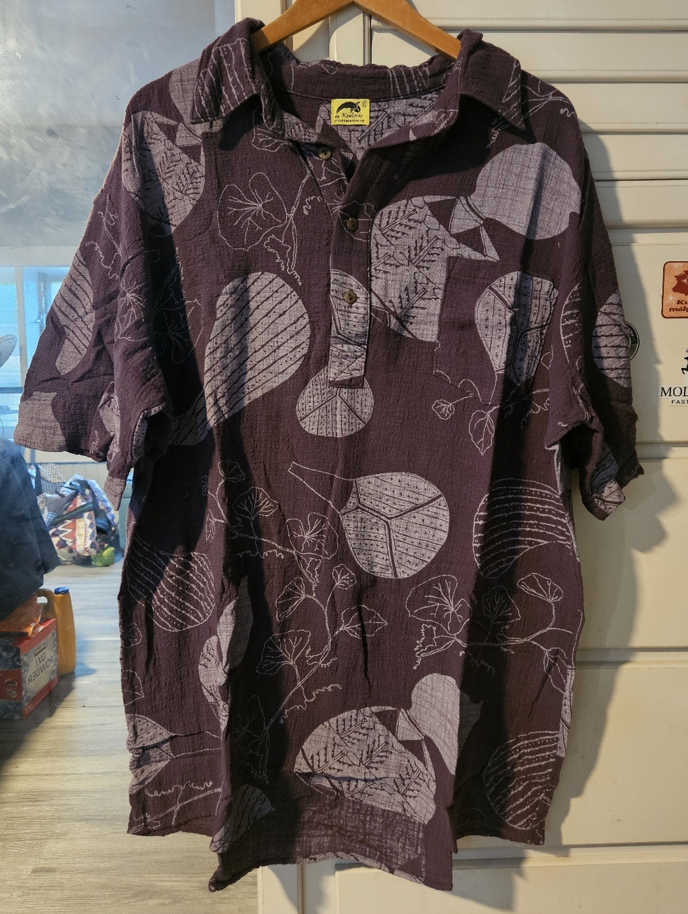 KEALOPIKO MENS PULL OVER ALOHA SHIRT - SIZE XL - IPU PRINT - EGGPLANT COLOR